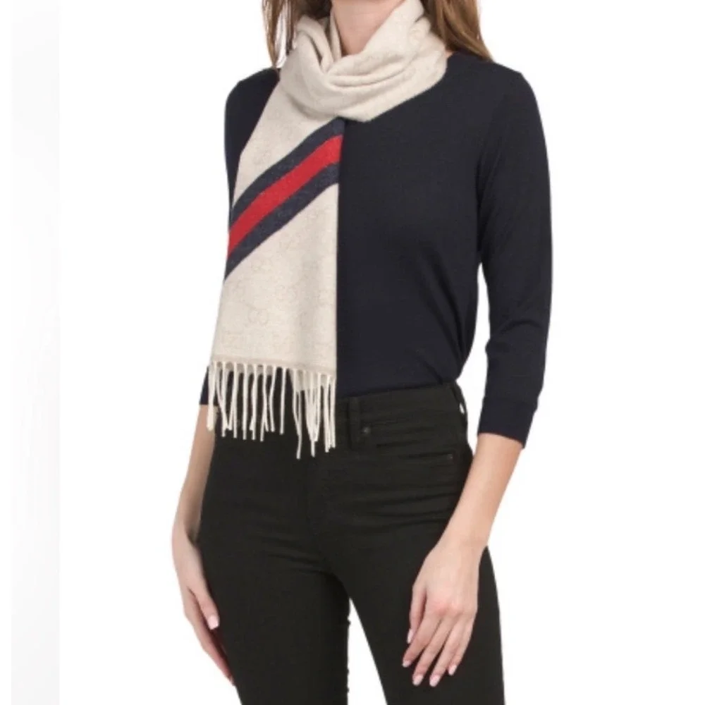 Gucci Nikky Scarf Wool Angora Monogram Stripe Fringe Italy Luxury Soft Classic
